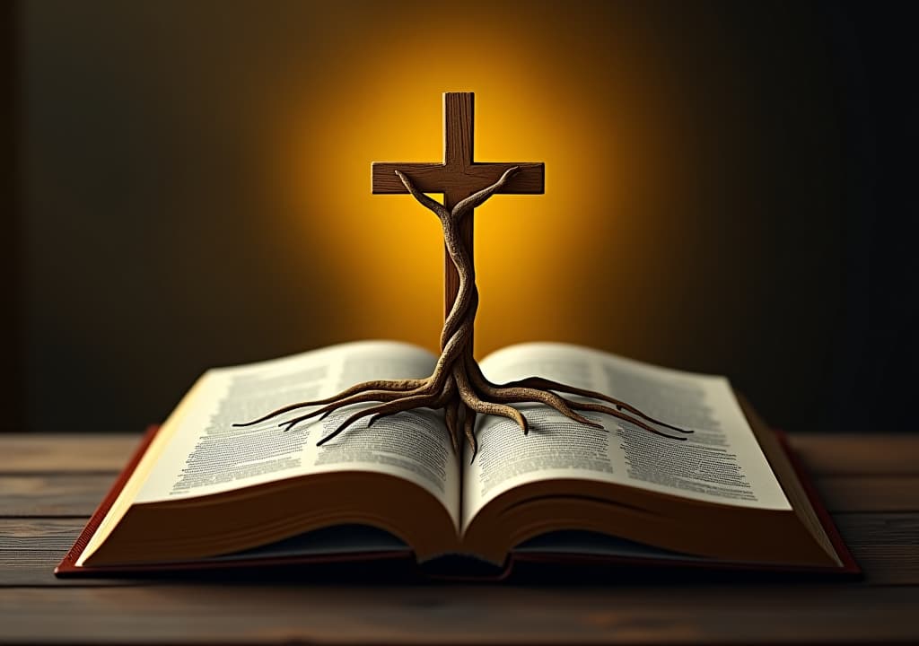  living word. the living word: a cross with roots intertwined in an open bible, symbolizing the dynamic and ever growing nature of faith nourished by the sacred scriptures