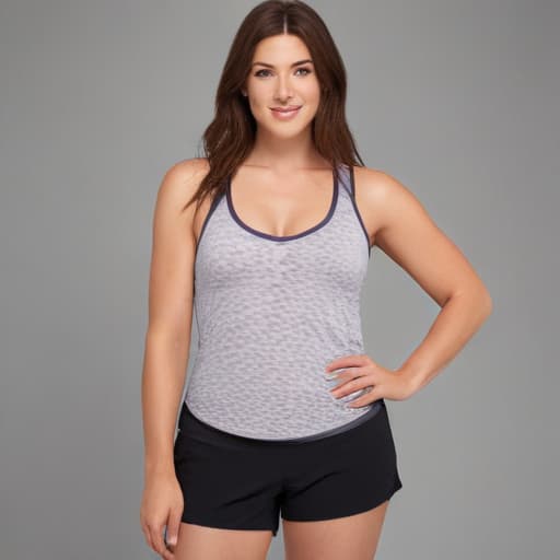 A size 8 size 38dd burnette woman in a low cut tank and lululemon shorts with Binary background