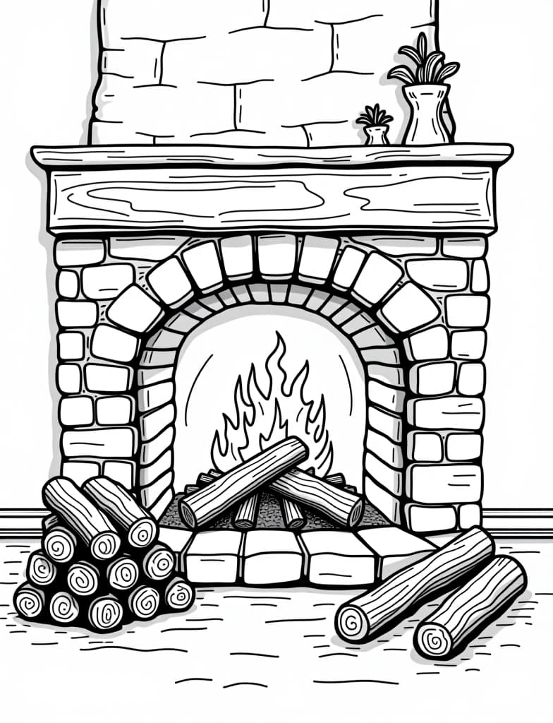  a cozy fireplace with a crackling fire and a stack of firewood, black and white line art on a white background, for an adult coloring page.