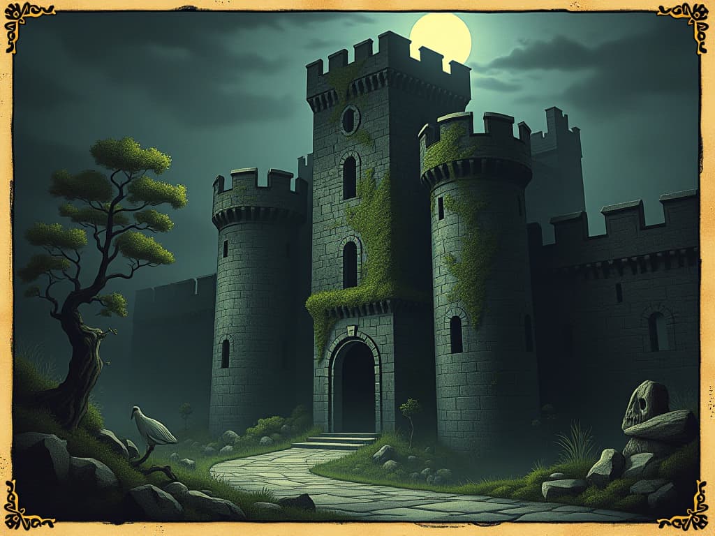  a grand ancient fortress, tall walls made of stone, overgrown with ivy, moonlight casting long shadows, mystical atmosphere, protection and solitude. an illustration in the style of a worn, mystical old tarot trump card, mysterious and elements of surrealism. the colors are muted, somber and eerie, but with contrast bring out an occult and esoteric vibe.