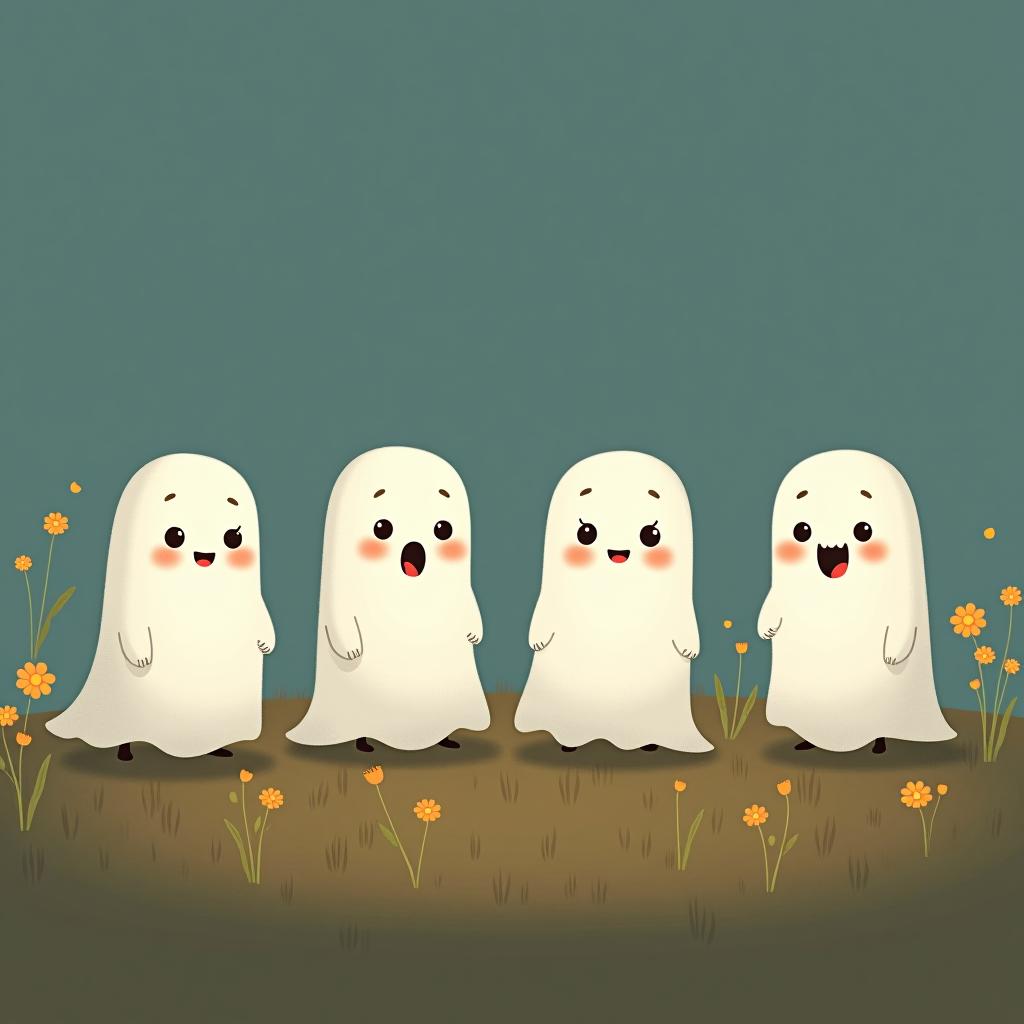  create a digital illustration featuring a row of four or five cute, cartoonish ghost characters, each with a different appearance, standing in different positions within sparse, life like wildflowers.