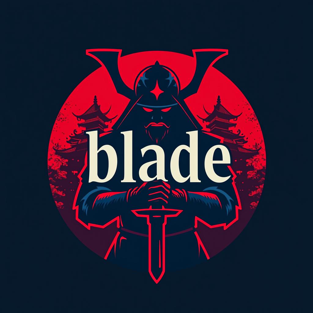  design a logo, emblem logo, with the written text ‘blade’, samurai theme, red and blue.