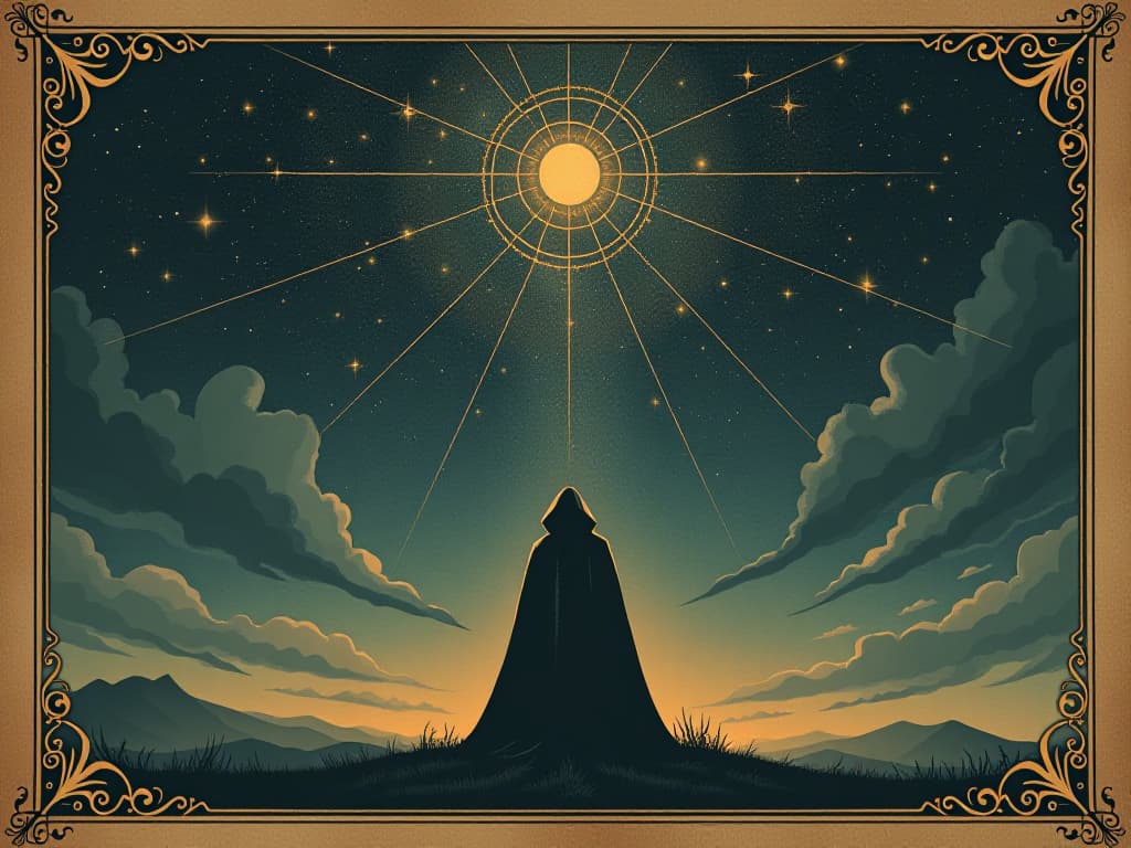  a cloaked figure under a star filled sky, silhouette against cosmos, celestial guardians above, aura of protection, vigilant watch. an illustration in the style of a worn, mystical old tarot trump card, mysterious and elements of surrealism. the colors are muted, somber and eerie, but with contrast bring out an occult and esoteric vibe.