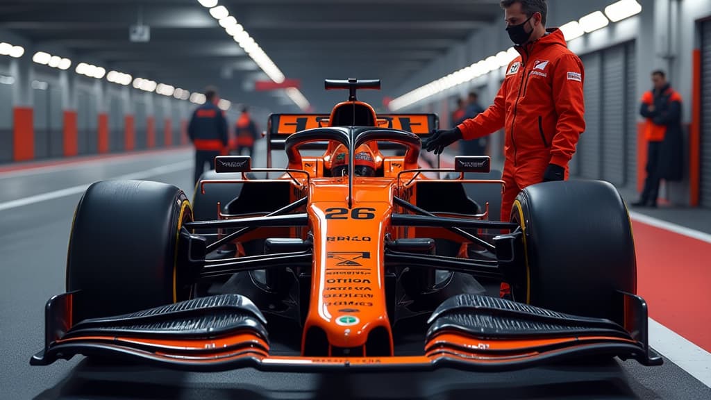  prompt: create a hyper realistic image showcasing the revolutionary rear wing of the mclaren mcl38, as featured in the azerbaijan grand prix 2024. the composition should capture the intricate design details of the wing that have captivated the formula 1 world. include mclaren team principal andrea stella overseeing the wing, exuding confidence and focus amidst the attention it's receiving. incorporate elements symbolizing mclaren's strategic focus on development, such as gears and technical dra