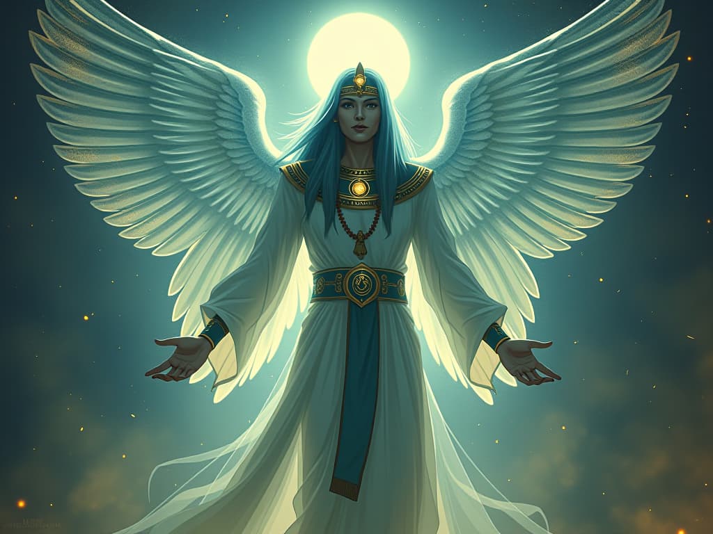  a mystic being, transparent and radiant, existing between dimensions, surrounded by ethereal light, an aura of expansive awareness beyond the physical world. the style is digital art illustration / modern comic book / mysterious occult, symbolic, esoteric vibe,high detail on character design, incorporating ancient egyptian symbology and attire.