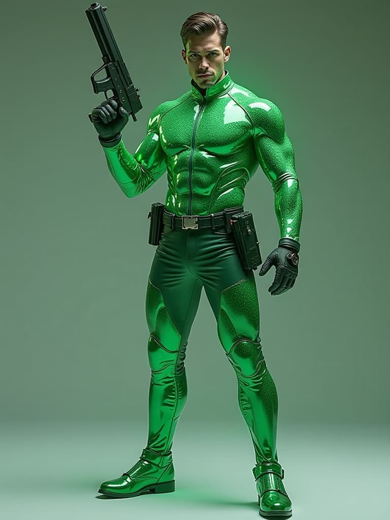  full full body photorealistic handsome and hunky and fractal patren ,. wearing green quartz shining glittered crystal chrome glass police super suit , with belt and gloves..look at camera, detailed face parts,, holding a big gun,, studio as background, freestyle pose,, perfect anatomy, symmetric body,, 1, :: high detail, a lean athletic body, realistic, human skin, extremely detailed fingers, in action