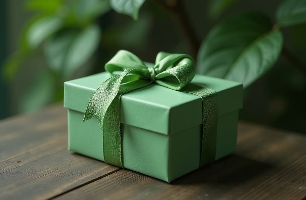  professional detailed photography, gift, green box ar 3:2, (muted colors, dim colors, soothing tones), (vsco:0.3)