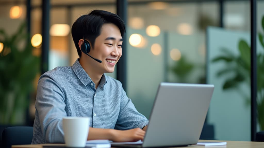  happy korean man call center agent wearing headset talking to client working in customer support office. professional contract service telemarketing operator using laptop having conversation. ar 16:9 {prompt}, maximum details