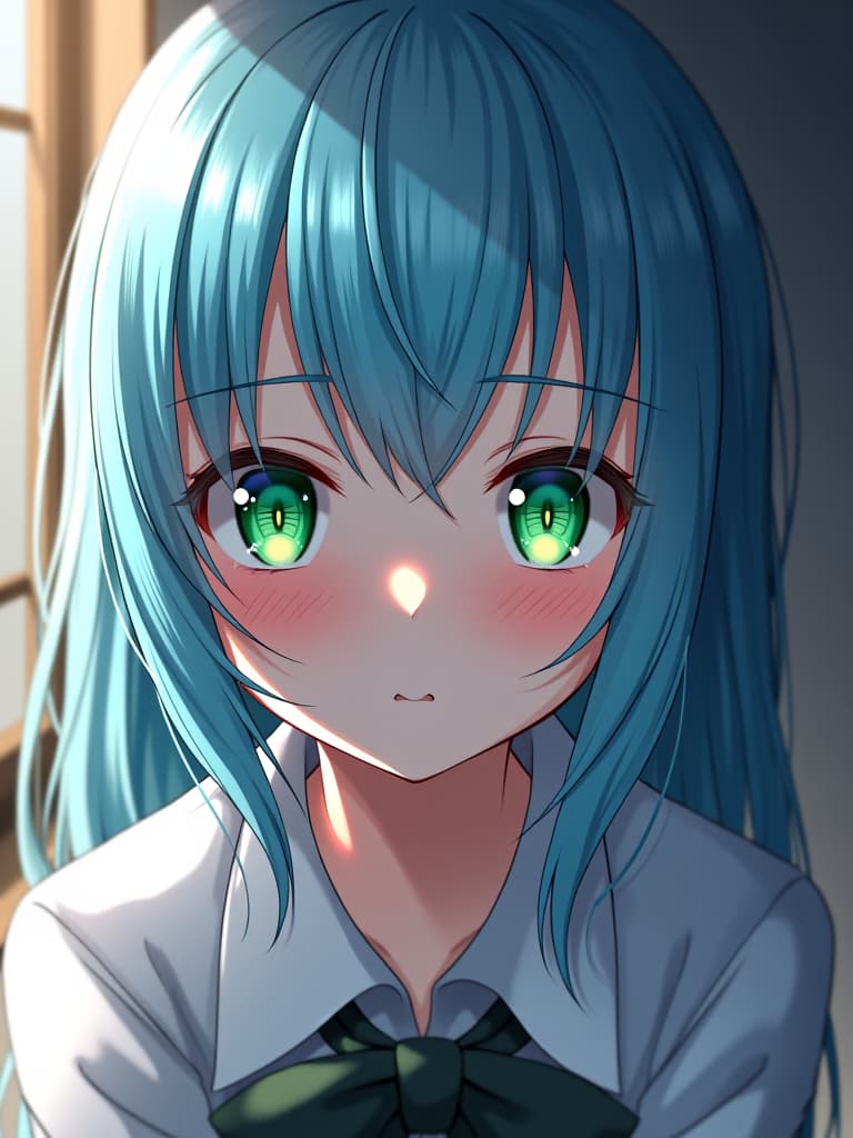  best quality,1girl,masterpiece,blue hair,green eyes,close up,from front,