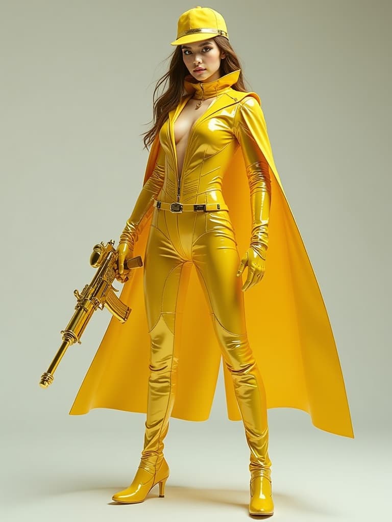  full full body photorealistic beautiful and gorgeous fractal lupin girl,. wearing yellow quartz shining glittered crystal chrome glass lupin super suit , with belt and gloves.. with cape and felt hat,, holding a big gun,, look at camera, detailed face parts,, studio as background, freestyle pose,, perfect anatomy, symmetric body,, 1, :: high detail, a lean athletic body, realistic, human skin, extremely detailed fingers, in action