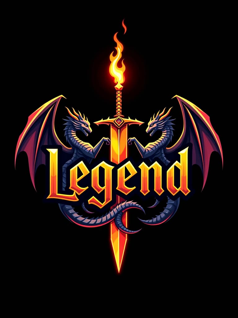  design a logo, custom sticker design on an isolated black background with the words ‘legend’ in bold font decorated by mythical dragons and a flaming sword