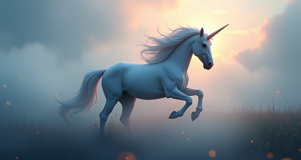  a majestic unicorn gliding through a mystical fog, symbolizing the dissipation of confusion. the landscape around becomes clearer, filled with glowing flora as the clarity replaces the fog.. the style is digital art illustration,highly detailed, whimsical,magical, dreamlike atmosphere, realism and fantasy blend, smooth, glossy textures,luminous quality, wonder and enchantment.