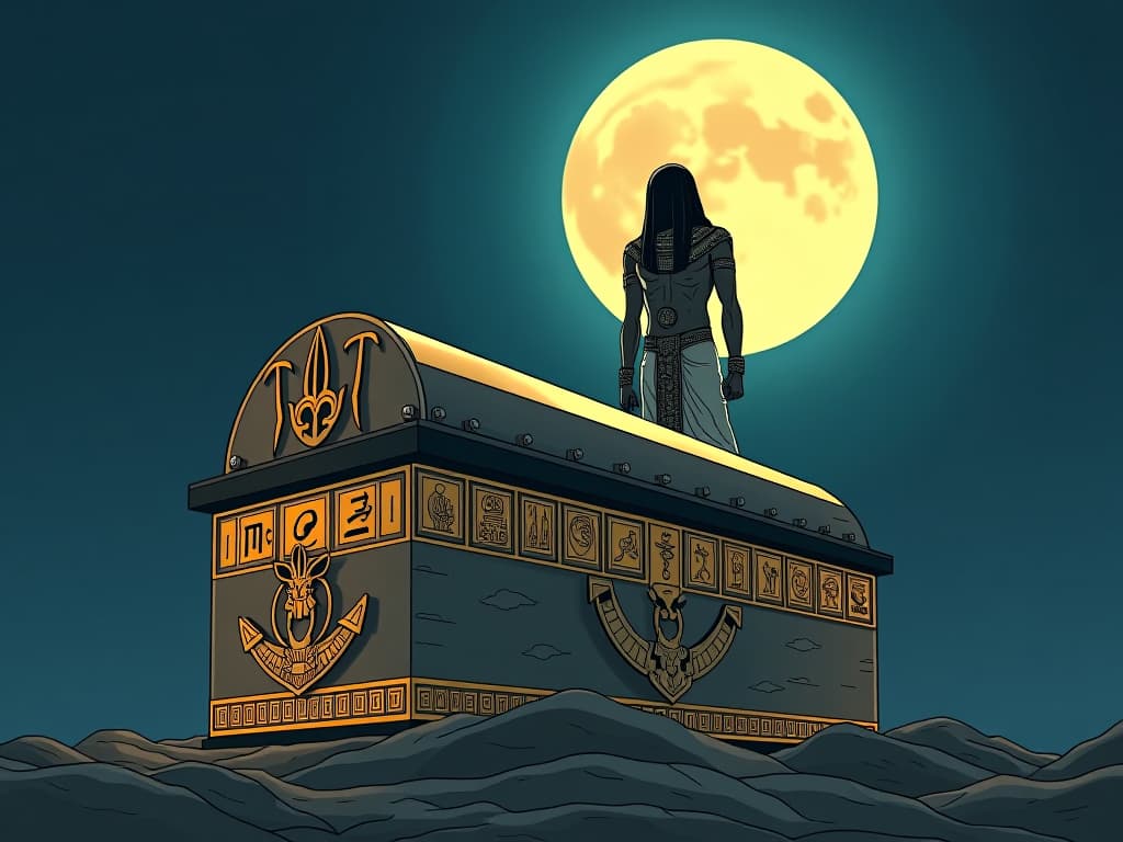  sarcophagus under the full moon, symbols glowing, about to be opened, symbolizing unleashed potential and hidden strength, ethereal energy permeating. the style is digital art illustration / modern comic book / mysterious occult, symbolic, esoteric vibe,high detail on character design, incorporating ancient egyptian symbology and attire.