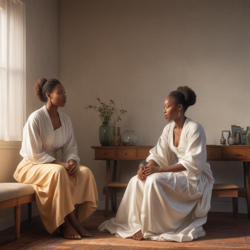 ((masterpiece)),(((best quality))), 8k, high detailed, ultra detailed, European woman and African woman sitting together in a room, genuine connection, artistic wall decor, gentle breeze hyperrealistic, full body, detailed clothing, highly detailed, cinematic lighting, stunningly beautiful, intricate, sharp focus, f/1. 8, 85mm, (centered image composition), (professionally color graded), ((bright soft diffused light)), volumetric fog, trending on instagram, trending on tumblr, HDR 4K, 8K