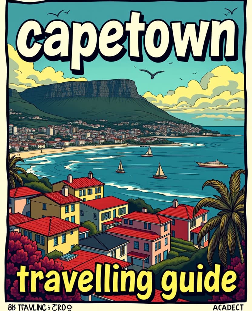  pop art style a comic book cover for a south africa travel guide capetown landscape the title of the comic has the text "capetown" at the top of the page. at the bottom of the page it says "travelling guide" . bright colors, bold outlines, popular culture themes, ironic or kitsch hyperrealistic, full body, detailed clothing, highly detailed, cinematic lighting, stunningly beautiful, intricate, sharp focus, f/1. 8, 85mm, (centered image composition), (professionally color graded), ((bright soft diffused light)), volumetric fog, trending on instagram, trending on tumblr, HDR 4K, 8K