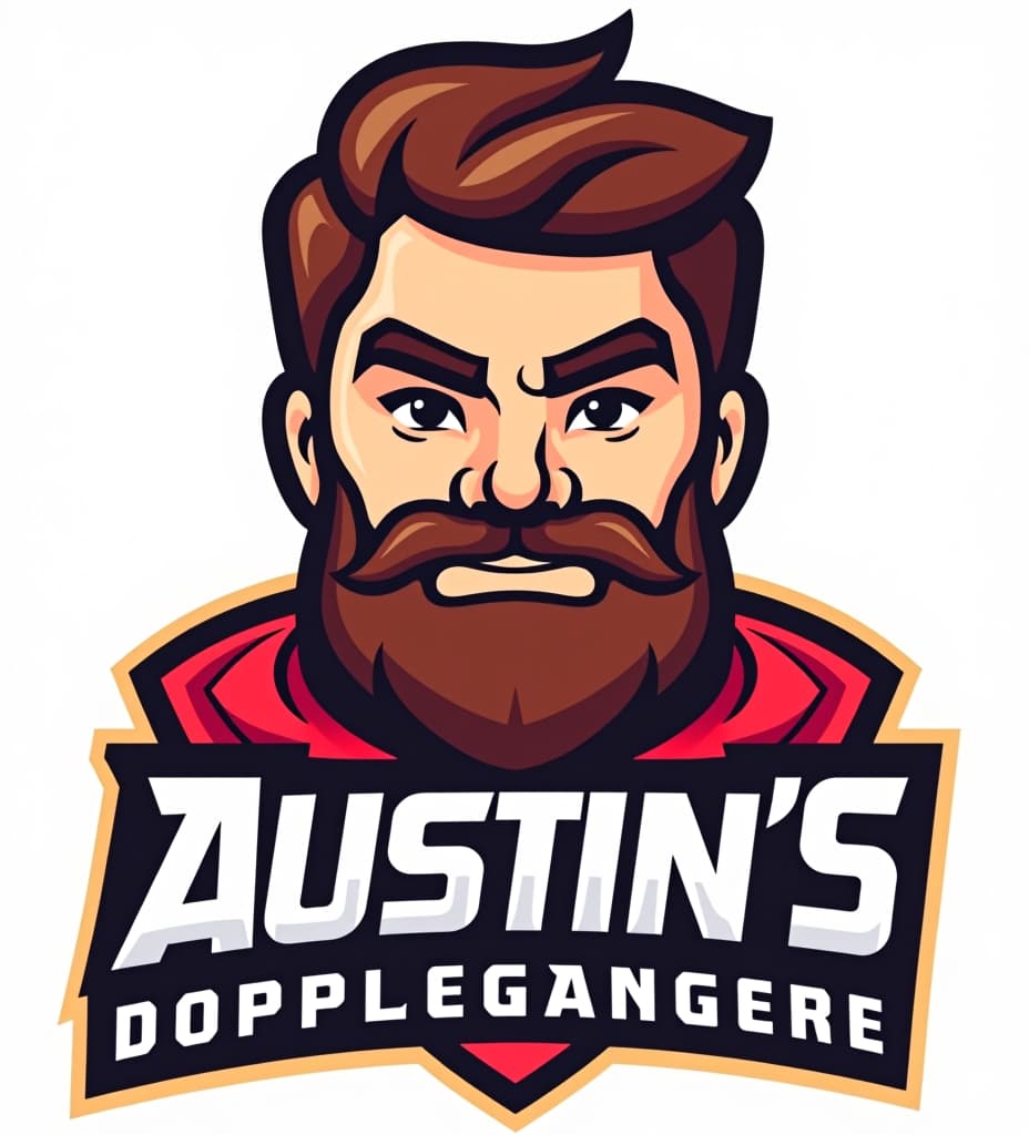  vector illustration logo for a fantasy footbal team named "austin's doppleganger". the mascot is a white guy with brown hair, bushy eyebrows and a patchy 5 o'clock shadow., short wavy hair., high quality, high details, hd, perfect composition, 4k epic detailed, highly detailed, sharp focus, high resolution