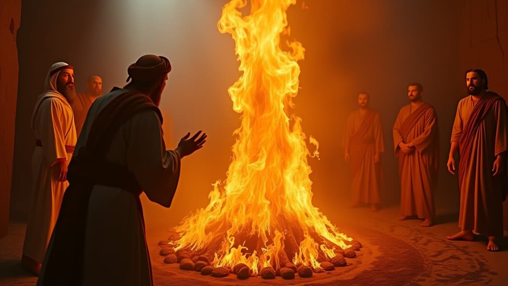  history of biblical times, a dramatic scene showing the fire from the lord consuming nadab and abihu, with shocked expressions from their father aaron and other onlookers. hyperrealistic, full body, detailed clothing, highly detailed, cinematic lighting, stunningly beautiful, intricate, sharp focus, f/1. 8, 85mm, (centered image composition), (professionally color graded), ((bright soft diffused light)), volumetric fog, trending on instagram, trending on tumblr, HDR 4K, 8K