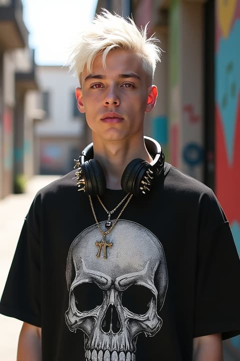  a young man with messy white hair and striking red eyes, wearing a black skull graphic t shirt. he has edgy, spiked headphones resting around his neck. his expression is confident and rebellious, as he stands in a vibrant urban environment filled with graffiti and street art. the sunlight casts dramatic shadows, highlighting the details of his outfit and the intensity of his gaze. the scene is lively, with hints of music notes and colors that reflect his energetic personality.