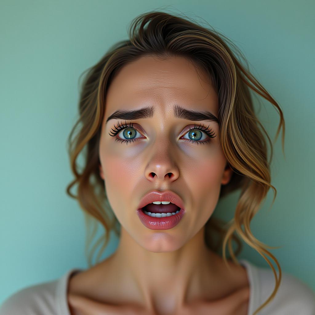  a woman with an overfilled face from fillers, showing an expression of fear.