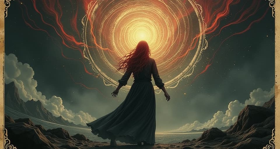  a figure in intense focus, surrounded by swirling light and shadow, powerful energy emanating from the mind, transition, intensity. an illustration in the style of a worn, mystical old tarot trump card, mysterious and elements of surrealism. the colors are muted, somber and eerie, but with contrast bring out an occult and esoteric vibe.