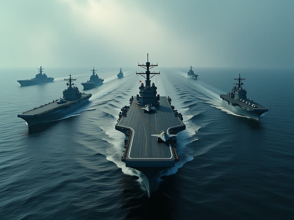  a large scale naval battle scene, showcasing the massive american fleet, including aircraft carriers and battleships, in the pacific ocean. hyperrealistic, full body, detailed clothing, highly detailed, cinematic lighting, stunningly beautiful, intricate, sharp focus, f/1. 8, 85mm, (centered image composition), (professionally color graded), ((bright soft diffused light)), volumetric fog, trending on instagram, trending on tumblr, HDR 4K, 8K