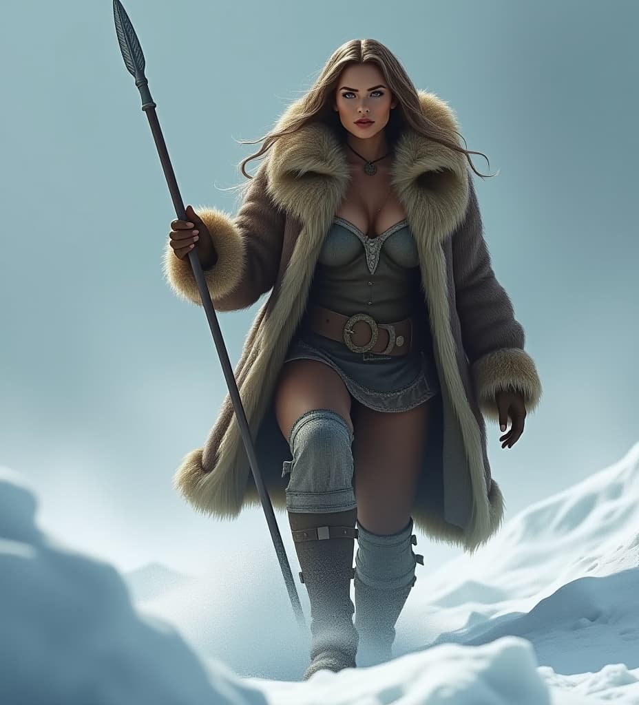  it is the ice age. a voluptuous woman wearing a coat made out of bear skin is hunting in the snow. action pose, spear ready in her left hand. fantasy image. ultra detailed. intricate details. uhd.