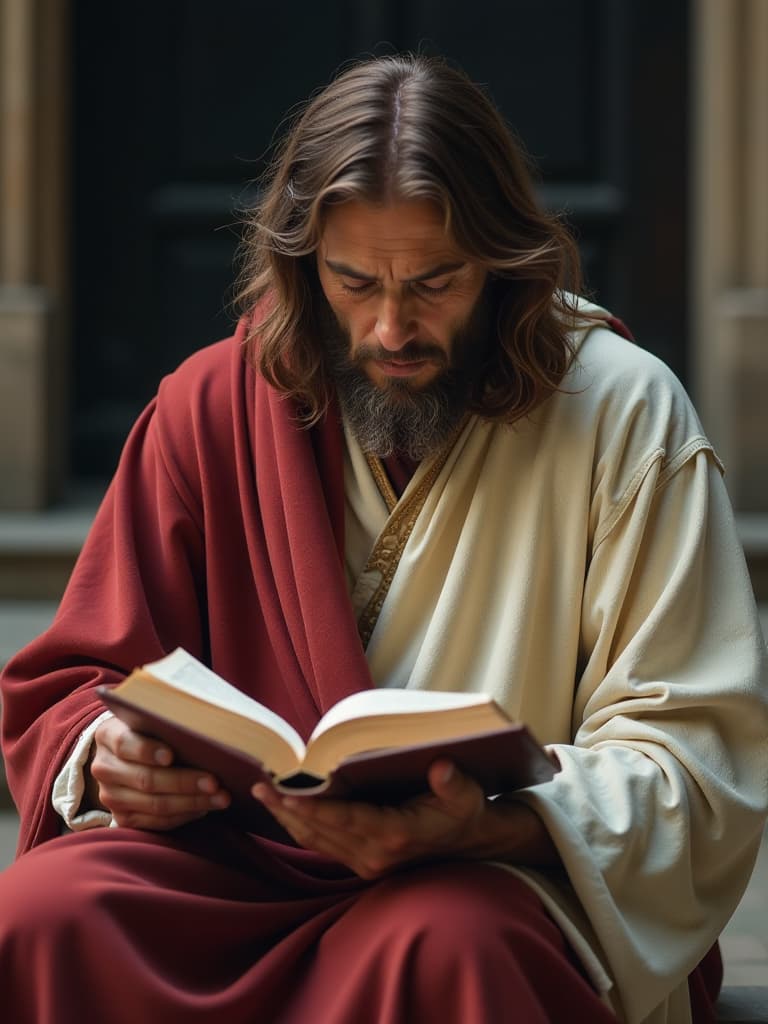  jesus reading bible, poor people's crying and watching, realistic, old time ad 30 timezone, portrait, outdoor, old church background hyperrealistic, full body, detailed clothing, highly detailed, cinematic lighting, stunningly beautiful, intricate, sharp focus, f/1. 8, 85mm, (centered image composition), (professionally color graded), ((bright soft diffused light)), volumetric fog, trending on instagram, trending on tumblr, HDR 4K, 8K