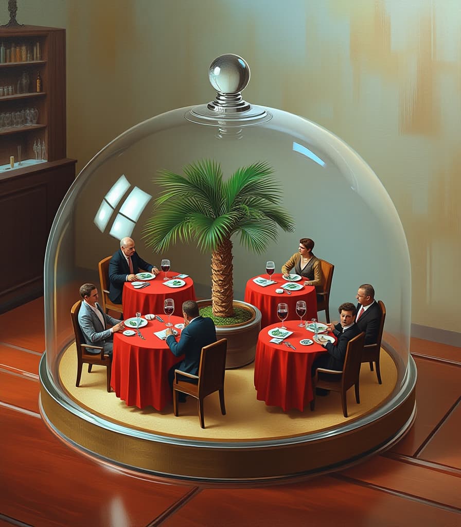  hyperrealistic art painting. oil painting. (on a petri dish, with a glass lid in the form of a dome, a miniature cafe with five round tables covered with red tablecloths, serving plates, glasses with wine, forks and knives and with visitors, in the middle is a palm tree in a tub, against the background of a bar counter at the wall:1.5). surrealism style. high detail. high resolution. high quality. . extremely high resolution details, photographic, realism pushed to extreme, fine texture, incredibly lifelike