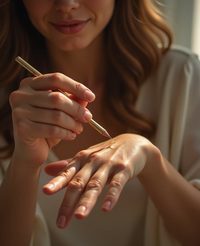  hdr photo of a woman applies a small amount of perfume to her wrist, hands, small pencil, application, close up . high dynamic range, vivid, rich details, clear shadows and highlights, realistic, intense, enhanced contrast, highly detailed