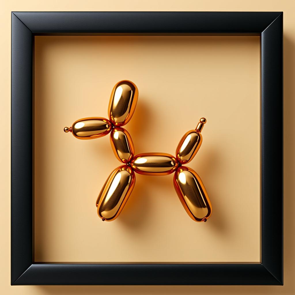  a balloon dog in a black frame on a beige background.