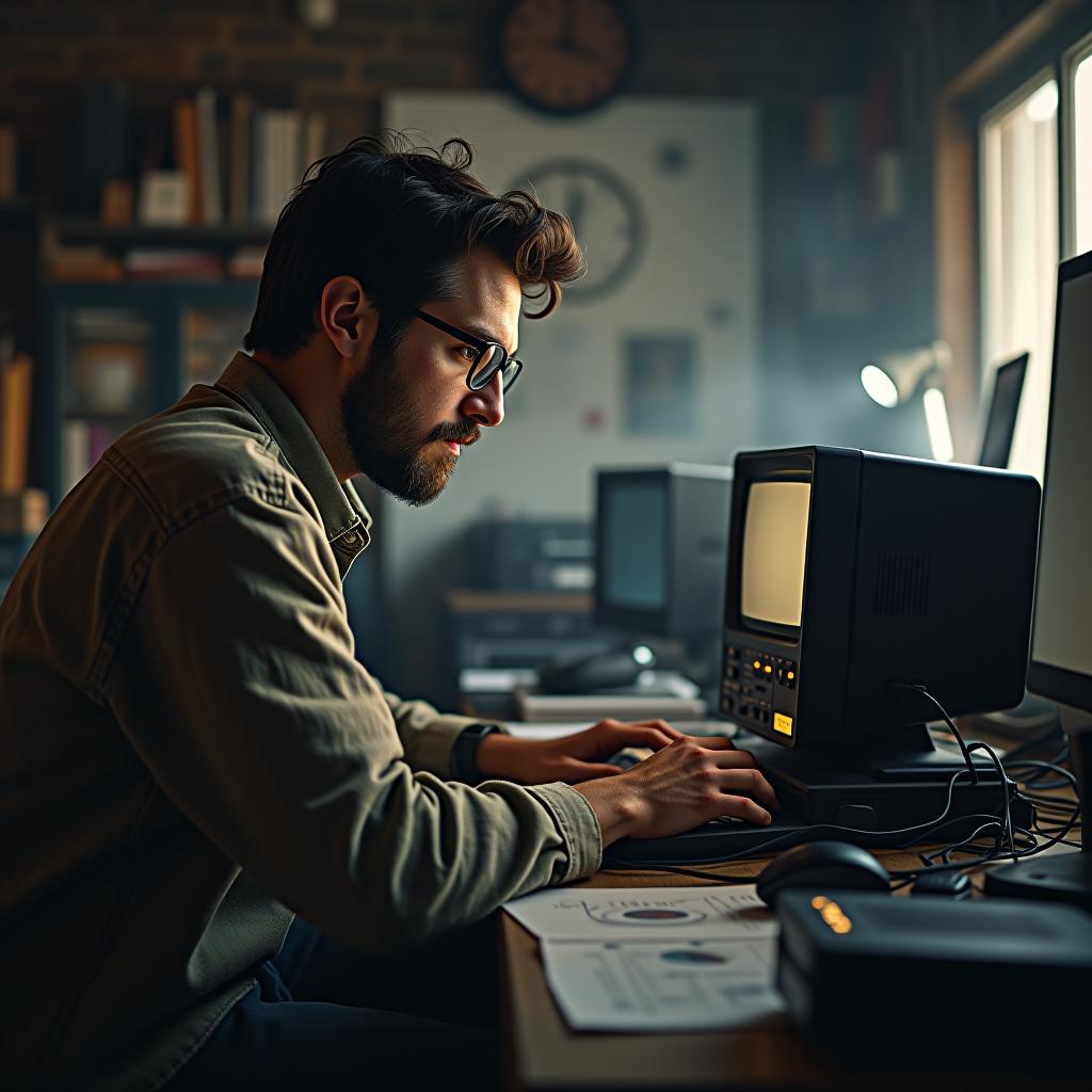  create a high quality, photorealistic image that vividly depicts the following scene: 'raw, meticulous picture (jimmy, a university dropout possessing a scruffy beard, glasses and faded jeans); pensive look, a fervent stare locked onto a bulky computer prototype. gentle, diffuse lighting throwing long, resolute shadows on a crammed garage setting, retro electronic devices and schematics strewn across a jury rigged table. coarse detailing, reminiscent of the late 70s period. captured using a canon eos r3 camera, nikon lens, with an aperture of f/1.2, iso 100, and a focal length of 50mm. resolution should be to 8k, ultra hd; the overall atmosphere should mirror a sense of deep commitment and modest roots.'. the image should: f hyperrealistic, full body, detailed clothing, highly detailed, cinematic lighting, stunningly beautiful, intricate, sharp focus, f/1. 8, 85mm, (centered image composition), (professionally color graded), ((bright soft diffused light)), volumetric fog, trending on instagram, trending on tumblr, HDR 4K, 8K