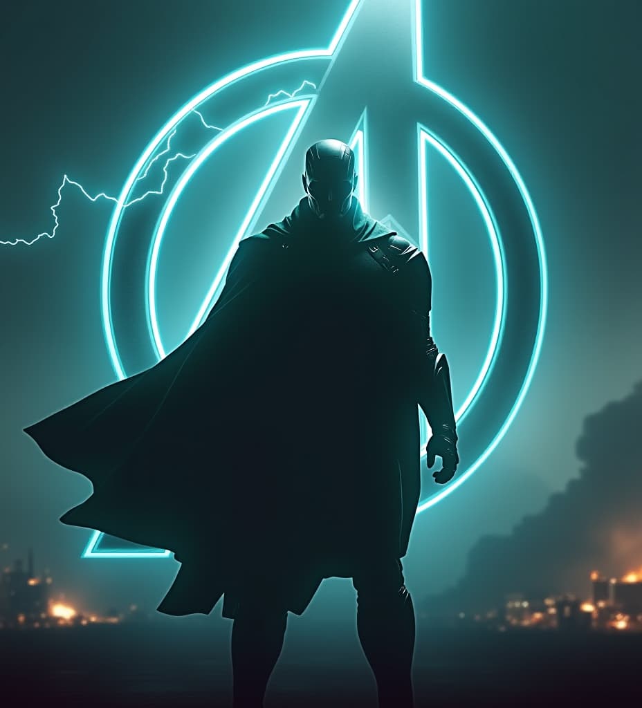  good quality, high quality, a hyper realistic movie poster for "avengers: secret war" starring tom cruise as ultimate ultron. he stands ominously in the foreground, his metallic body glowing with a faint blue green light. his dark green cloak flows in the wind, partially covering his iron man like armor. the war torn city behind him is shrouded in deep shadows, with the avengers logo crackling with energy in the background.