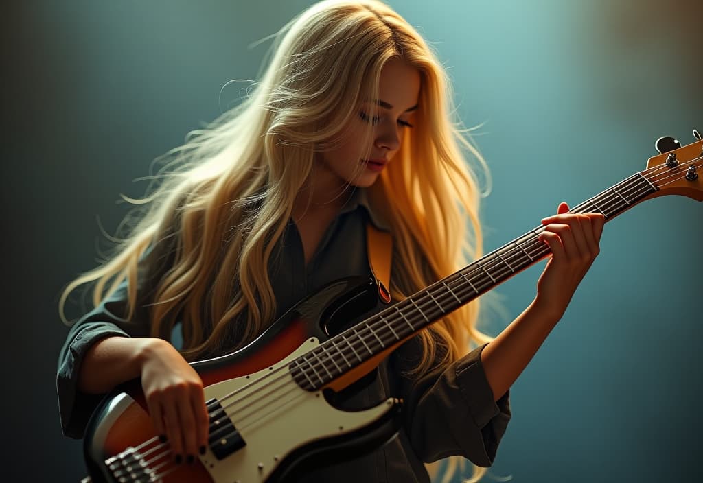  hyperrealistic art pretty girl with long blonde hair playing bass guitar . extremely high resolution details, photographic, realism pushed to extreme, fine texture, incredibly lifelike hyperrealistic, full body, detailed clothing, highly detailed, cinematic lighting, stunningly beautiful, intricate, sharp focus, f/1. 8, 85mm, (centered image composition), (professionally color graded), ((bright soft diffused light)), volumetric fog, trending on instagram, trending on tumblr, HDR 4K, 8K