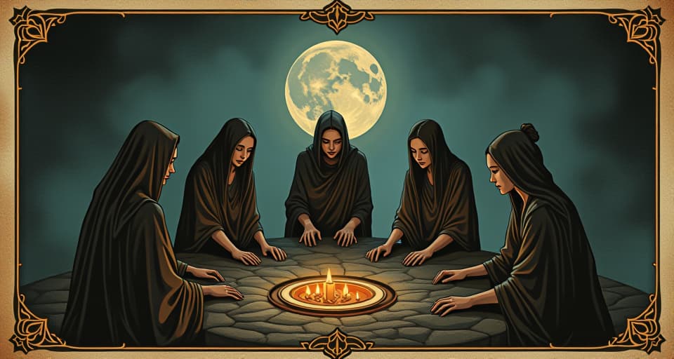  kinship circle, darkened backdrop, reinforcing bonds, shared burden, supportive gazes, collective strength. an illustration in the style of a worn, mystical old tarot trump card, mysterious and elements of surrealism. the colors are muted, somber and eerie, but with contrast bring out an occult and esoteric vibe.