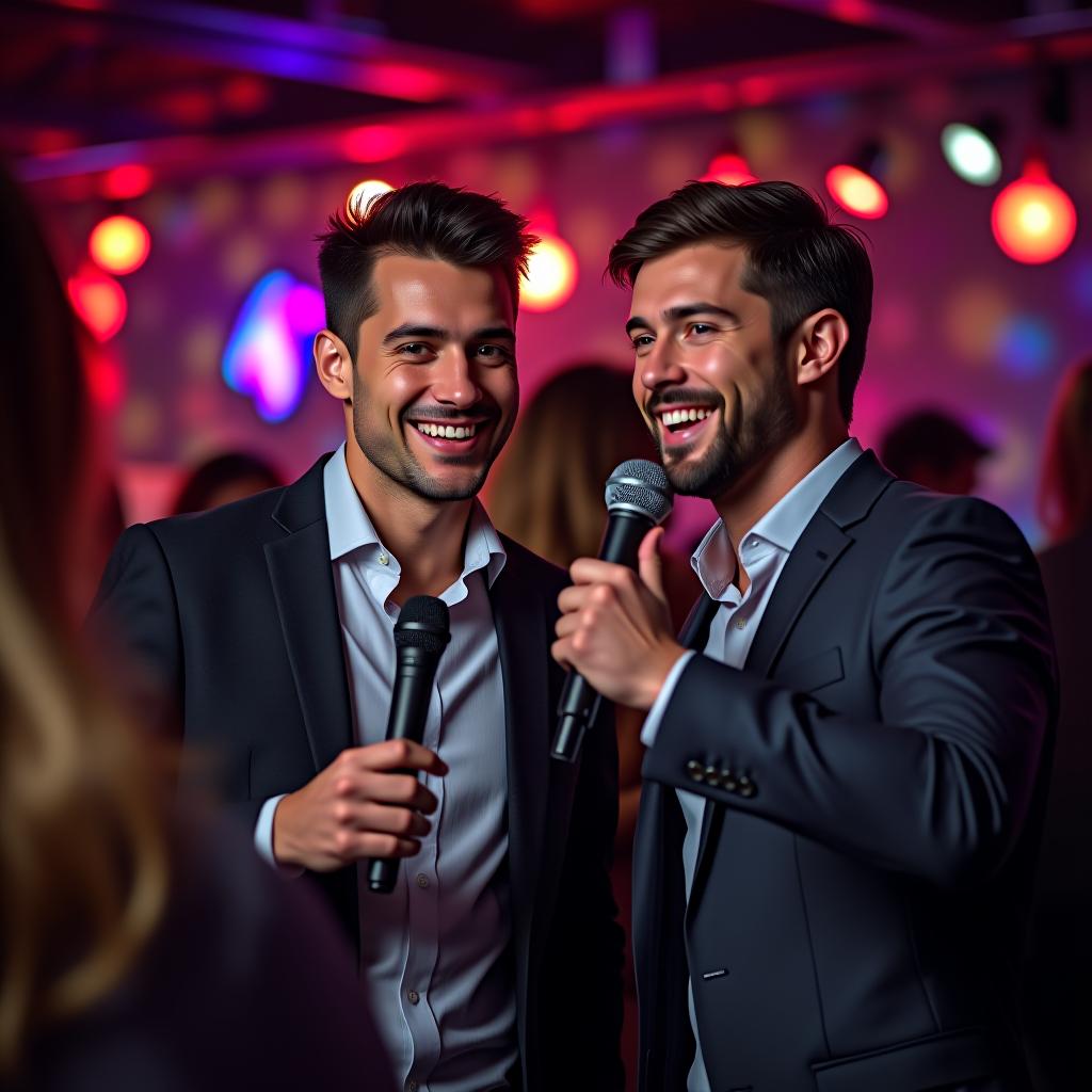  business partners are celebrating a corporate event at a karaoke bar.