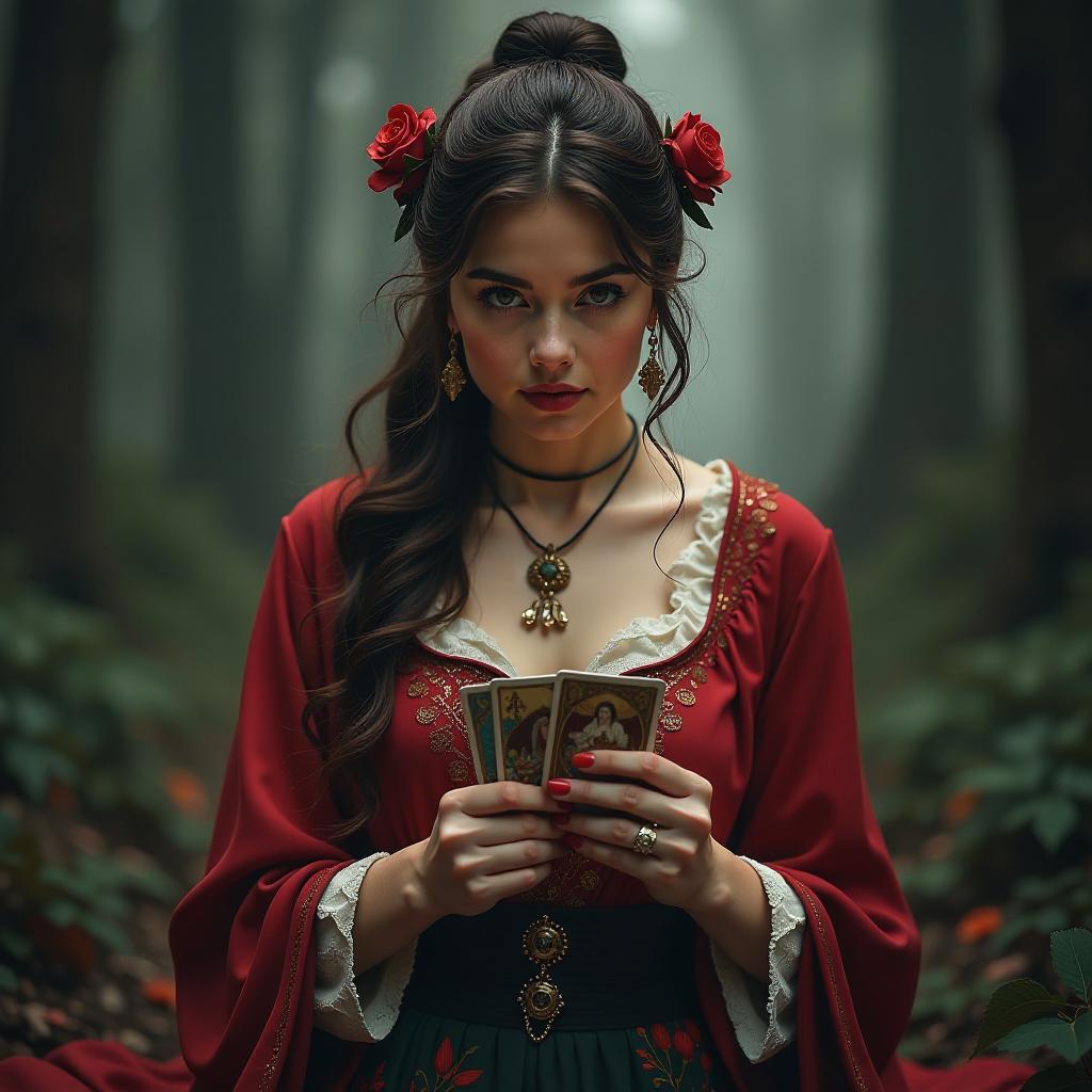  a girl tarot reader with cards. hyperrealistic, full body, detailed clothing, highly detailed, cinematic lighting, stunningly beautiful, intricate, sharp focus, f/1. 8, 85mm, (centered image composition), (professionally color graded), ((bright soft diffused light)), volumetric fog, trending on instagram, trending on tumblr, HDR 4K, 8K