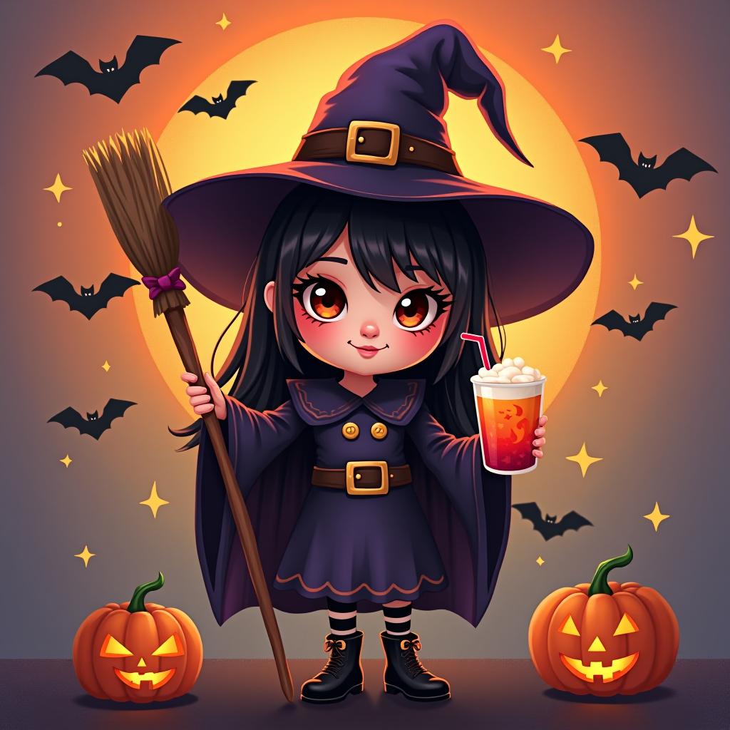  create a digital painting featuring a cute witch character. the witch should be wearing a hat. in one hand, the witch should hold a broomstick, and in the other hand, a halloween themed drink. the background should be colorful and include small black bats, pumpkins and stars to add a playful halloween touch. the overall style should be cute, whimsical, and colorful hyperrealistic, full body, detailed clothing, highly detailed, cinematic lighting, stunningly beautiful, intricate, sharp focus, f/1. 8, 85mm, (centered image composition), (professionally color graded), ((bright soft diffused light)), volumetric fog, trending on instagram, trending on tumblr, HDR 4K, 8K