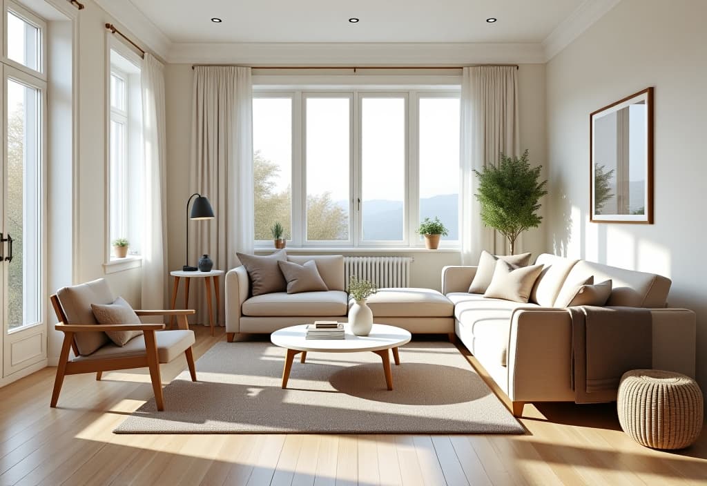  a landscape photo of a scandinavian inspired living room with light wood floors, a white color palette, cozy textiles, and pops of muted pastel accents hyperrealistic, full body, detailed clothing, highly detailed, cinematic lighting, stunningly beautiful, intricate, sharp focus, f/1. 8, 85mm, (centered image composition), (professionally color graded), ((bright soft diffused light)), volumetric fog, trending on instagram, trending on tumblr, HDR 4K, 8K