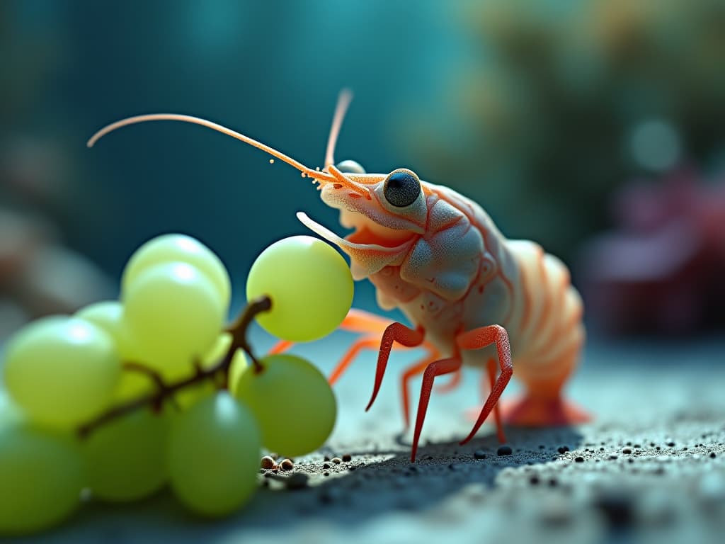  a colorless shrimp on the seabed smiles happily while eating green grapes. cartoon style. colorful. firooze hyperrealistic, full body, detailed clothing, highly detailed, cinematic lighting, stunningly beautiful, intricate, sharp focus, f/1. 8, 85mm, (centered image composition), (professionally color graded), ((bright soft diffused light)), volumetric fog, trending on instagram, trending on tumblr, HDR 4K, 8K