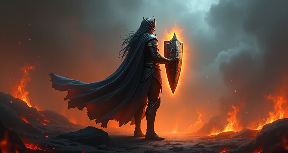  an ethereal warrior, clad in dark, shimmering armor, standing undefeatable amidst the scorched, magical battleground, with a glowing shield raised against the forces of darkness.. the style is digital art illustration,highly detailed, whimsical,magical, dreamlike atmosphere, realism and fantasy blend, smooth, glossy textures,luminous quality, wonder and enchantment.