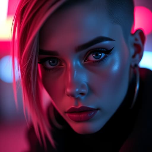  ultra realistic close up portrait ((beautiful pale cyberpunk female with heavy black eyeliner)), blue eyes, shaved side haircut, hyper detail, cinematic lighting, magic neon, dark red city, canon eos r3, nikon, f/1.4, iso 200, 1/160s, 8k, raw, unedited, symmetrical balance, in frame, 8k hyperrealistic, full body, detailed clothing, highly detailed, cinematic lighting, stunningly beautiful, intricate, sharp focus, f/1. 8, 85mm, (centered image composition), (professionally color graded), ((bright soft diffused light)), volumetric fog, trending on instagram, trending on tumblr, HDR 4K, 8K