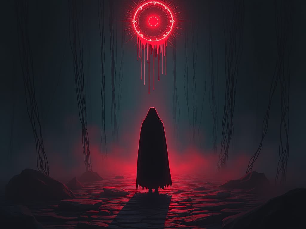  dimly lit future, overshadowed by dark ancestral threads, sense of unraveling destiny. the style is digital art illustration / modern comic book / graphic dark novel fantasy and mysterious occult, symbolic, moody lighting, esoteric vibe,high detail on character design. for the color scheme emphasize blacks and reds.