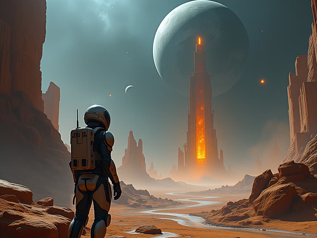  space themed (masterpiece, oil painting:1. 2), (ruins of an ancient spaceport on venus, futuristic mysterious structures:1.4), cyborg in spacesuit in foreground, cinematic style, dynamic perspective from below, (intense close up:1. 2), jim burns style, high detail, high resolution, increased attention to fine detail, ttrend on artstations . cosmic, celestial, stars, galaxies, nebulas, planets, science fiction, highly detailed hyperrealistic, full body, detailed clothing, highly detailed, cinematic lighting, stunningly beautiful, intricate, sharp focus, f/1. 8, 85mm, (centered image composition), (professionally color graded), ((bright soft diffused light)), volumetric fog, trending on instagram, trending on tumblr, HDR 4K, 8K