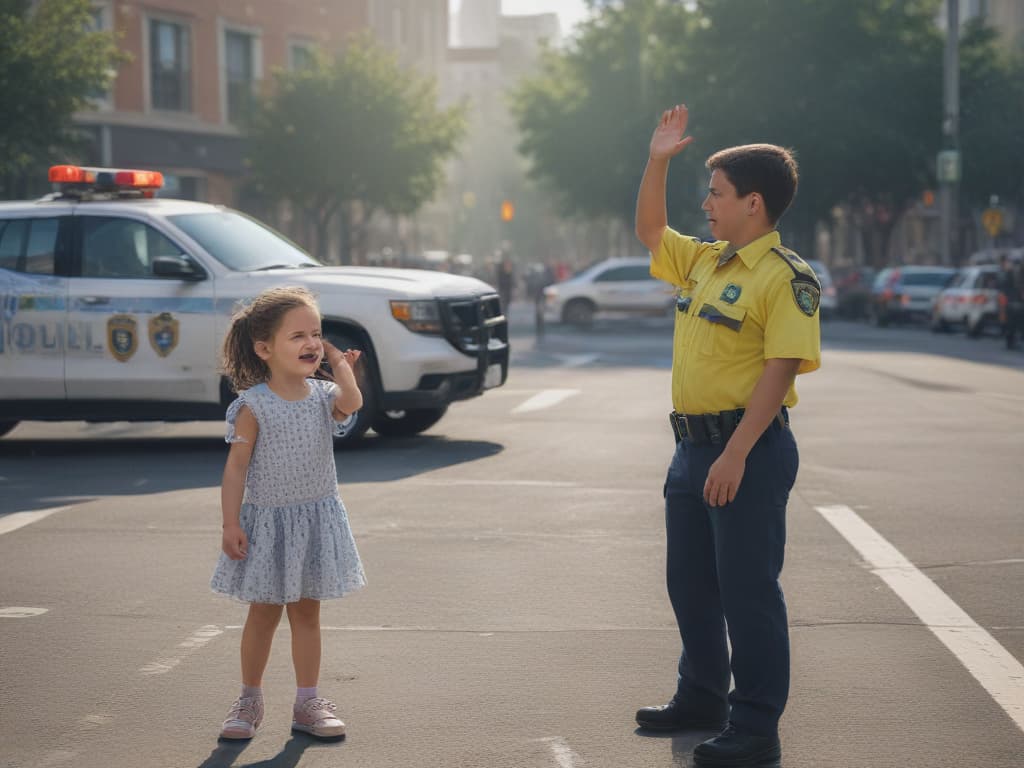 ultra realistic ((ultra realistic ((a child waving to a police officer)))) hyperrealistic, full body, detailed clothing, highly detailed, cinematic lighting, stunningly beautiful, intricate, sharp focus, f/1. 8, 85mm, (centered image composition), (professionally color graded), ((bright soft diffused light)), volumetric fog, trending on instagram, trending on tumblr, HDR 4K, 8K