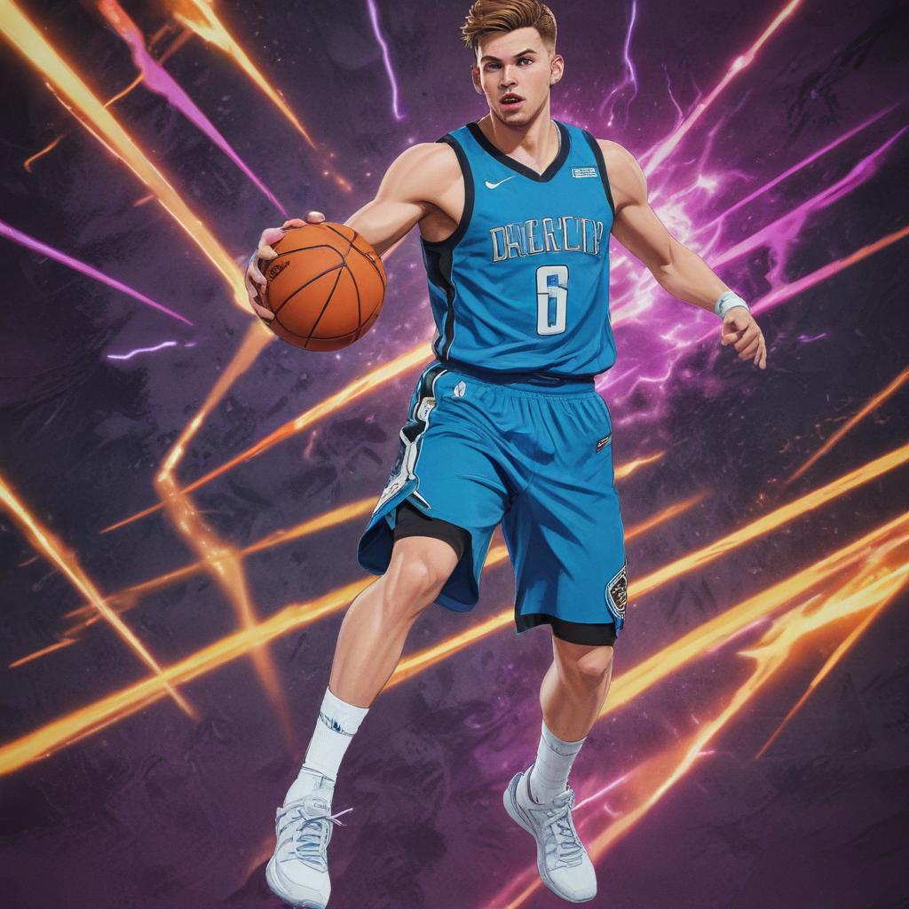 distance-shot, flashy, full-body, dynamic, holographic, animated cartoon poster of luka doncic in the style of dragon ball super