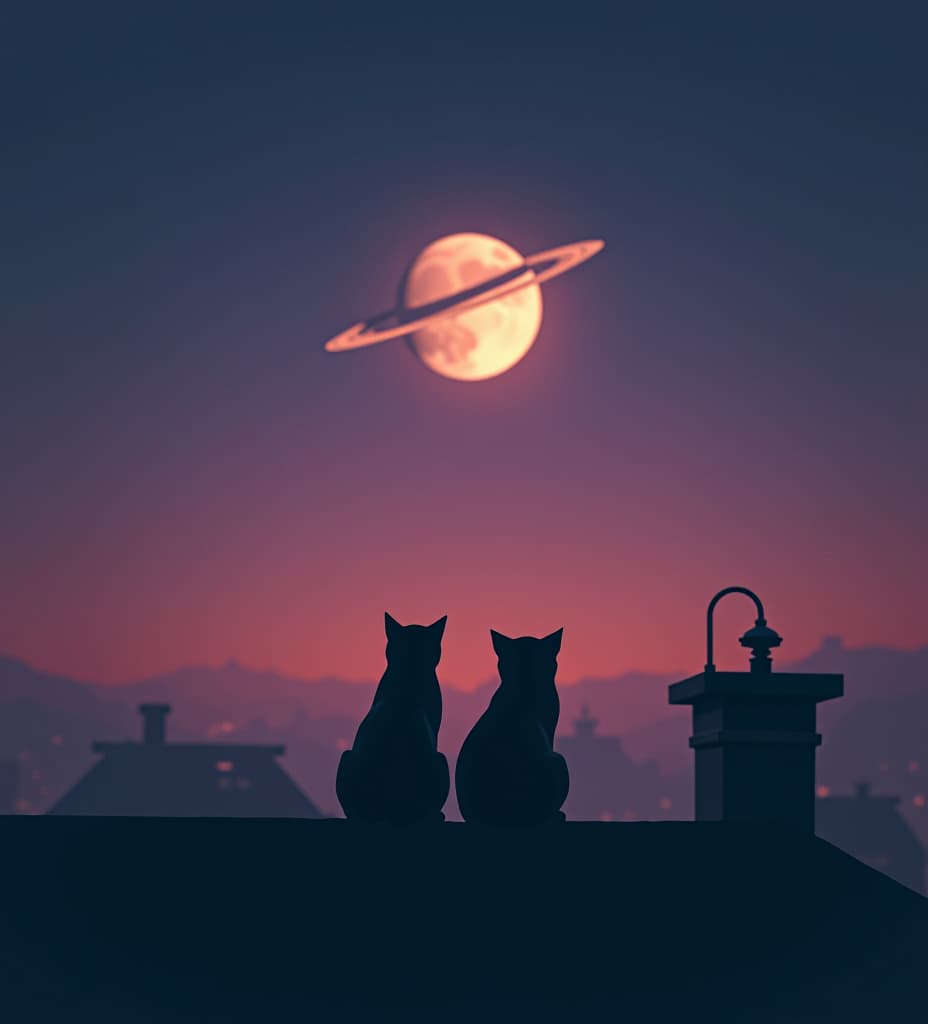  a dreamy night scene with two silhouetted cats sitting on a rooftop, gazing up at a sky where the moon is transformed into a saturn like planet with glowing rings. the atmosphere is serene and slightly surreal, with a soft, grainy texture giving it a nostalgic, vintage feel. the sky is a deep twilight purple, and the lighting casts gentle shadows, creating a calm and peaceful ambiance. the overall composition emphasizes the celestial object and the quiet companionship of the cats.