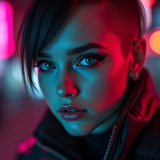  ultra realistic close up portrait ((beautiful pale cyberpunk female with heavy black eyeliner)), blue eyes, shaved side haircut, hyper detail, cinematic lighting, magic neon, dark red city, canon eos r3, nikon, f/1.4, iso 200, 1/160s, 8k, raw, unedited, symmetrical balance, in frame, 8k hyperrealistic, full body, detailed clothing, highly detailed, cinematic lighting, stunningly beautiful, intricate, sharp focus, f/1. 8, 85mm, (centered image composition), (professionally color graded), ((bright soft diffused light)), volumetric fog, trending on instagram, trending on tumblr, HDR 4K, 8K