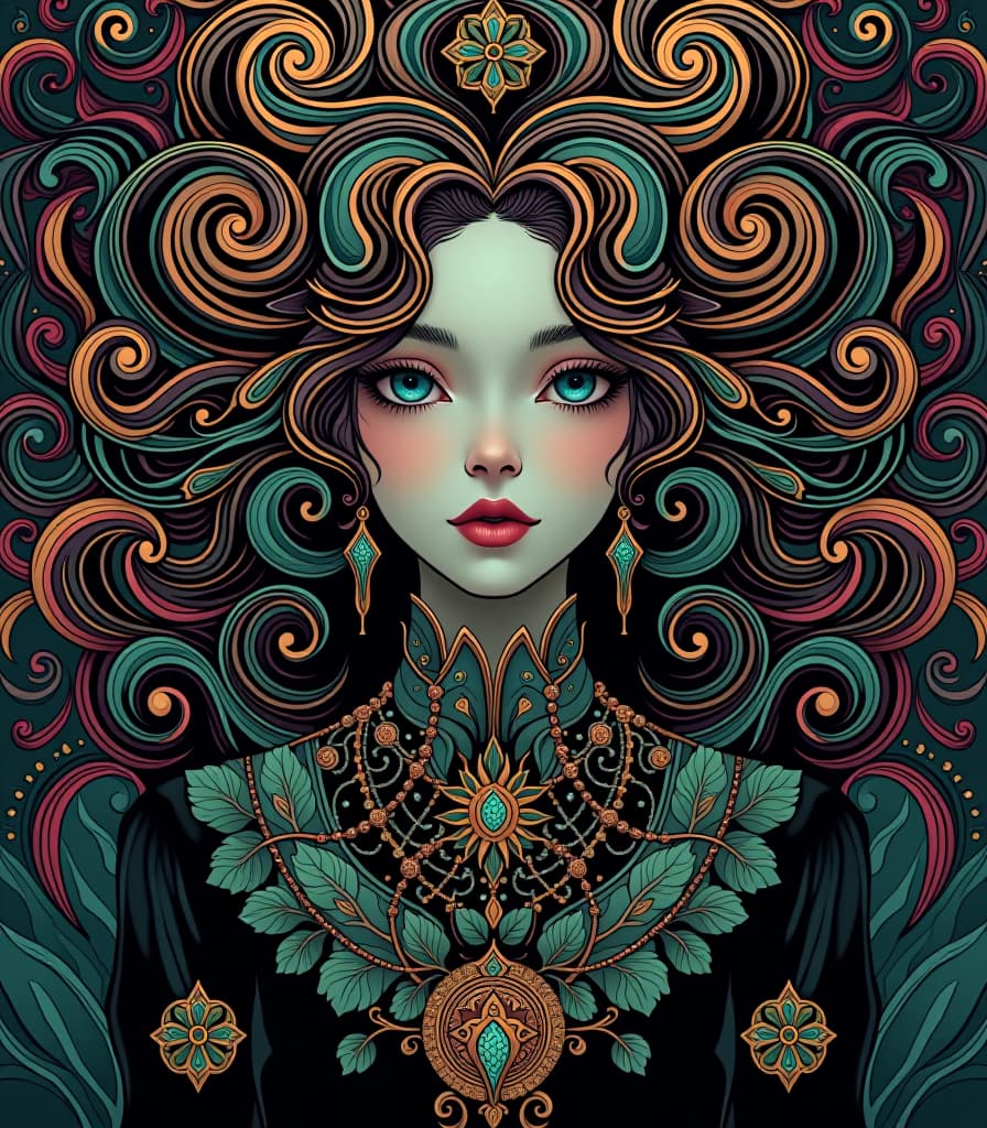  gothic style light, centered, colorful, modern illustration of a girl with wild swirling hair full of landscapes. portrait, fibonacci sequence, tessellation, art nouveau, heavy outline comic book . dark, mysterious, haunting, dramatic, ornate, detailed hyperrealistic, full body, detailed clothing, highly detailed, cinematic lighting, stunningly beautiful, intricate, sharp focus, f/1. 8, 85mm, (centered image composition), (professionally color graded), ((bright soft diffused light)), volumetric fog, trending on instagram, trending on tumblr, HDR 4K, 8K