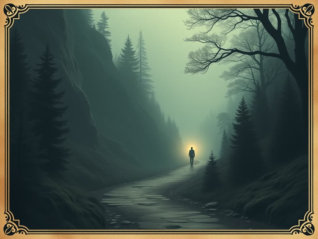  winding mountain path shrouded in mist, impossible to see the end, lantern illuminated faintly along the way, sense of uncertainty, yet calm. an illustration in the style of a worn, mystical old tarot trump card, mysterious and elements of surrealism. the colors are muted, somber and eerie, but with contrast bring out an occult and esoteric vibe.