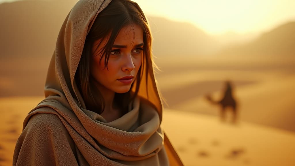  history of biblical times, hagar, breaking down in tears, fleeing into the desert with a sense of desperation in her heart. hyperrealistic, full body, detailed clothing, highly detailed, cinematic lighting, stunningly beautiful, intricate, sharp focus, f/1. 8, 85mm, (centered image composition), (professionally color graded), ((bright soft diffused light)), volumetric fog, trending on instagram, trending on tumblr, HDR 4K, 8K